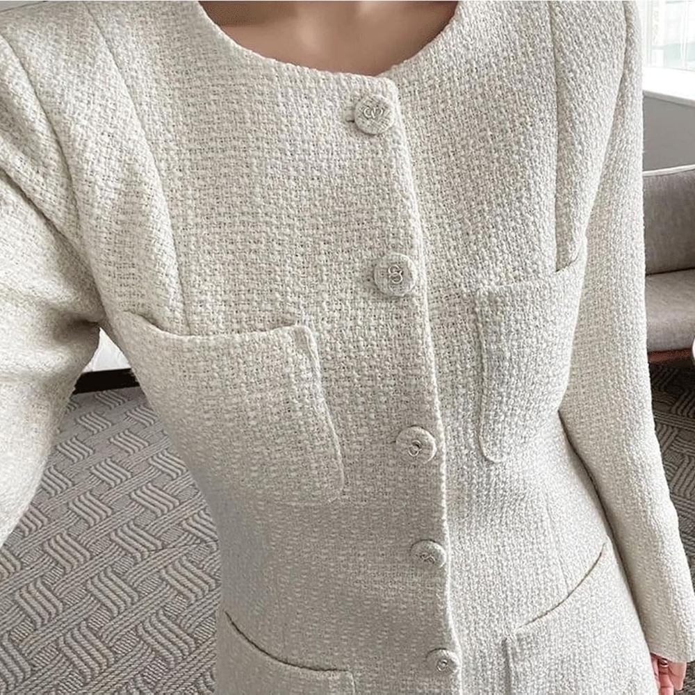 Ivory Button Front Coat Dress Tweed Style Long Sleeve Elegant Dress - Picture 5 of 6